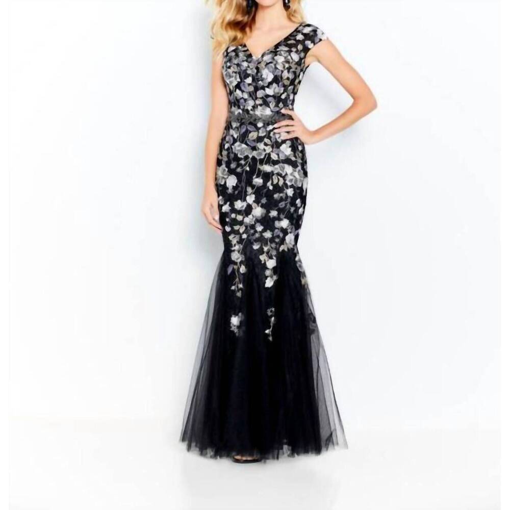 NEW CAMERON BLAKE tulle trumpet dress in black multi